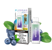 FLERBAR Blueberry Pods mit 20mg Nikotin, Dual Mesh Coil, Verpackung und Blaubeeren