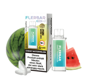 Flerbar Chewy Watermelon Pod mit Dual Mesh Coil und Nikotinwarnung, Wassermelone im Hintergrund