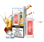 Flerbar Cola Ice Pods mit Nikotinwarnung, Eiswürfeln und Colaglas im Hintergrund