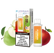 Flerbar Double Apple Ersatzpods mit Dual Mesh Coil vor grünen und roten Äpfeln, Nikotinwarnung