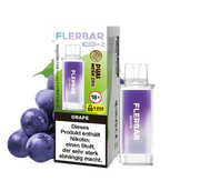 Flerbar Pod Grape 20mg mit Dual Mesh Coil, Nikotinwarnung, Traubenmotiv im Hintergrund