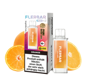 Flerbar Pods Orange 20mg mit Dual Mesh Coil und Nikotinwarnung vor Orangenscheiben