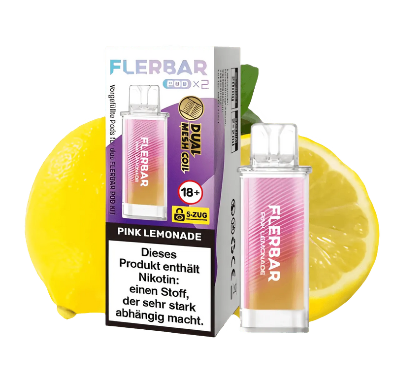 Flerbar Pod Pink Lemonade 20mg Nikotin mit Dual Mesh Coil vor Zitronenscheibe