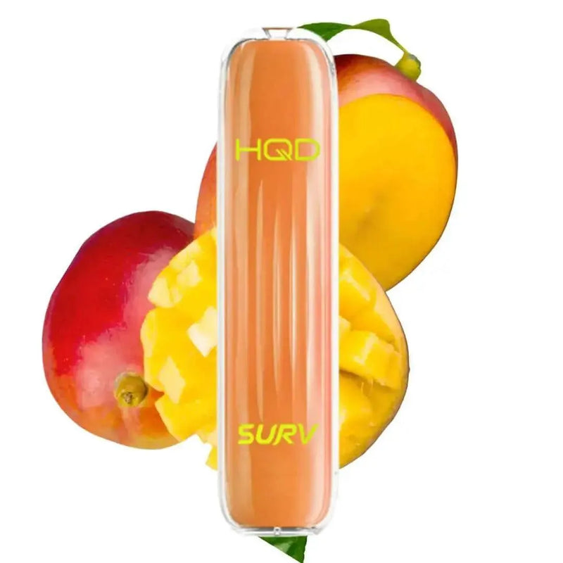 HQD SURV Vape mit Mangogeschmack und frischen Mangos umrahmt