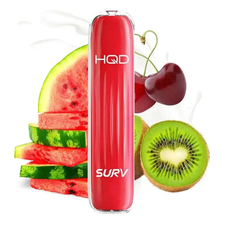 Rotes HQD SURV E-Zigaretten-Gerät mit Wassermelone, Kirsche und Kiwi Früchten