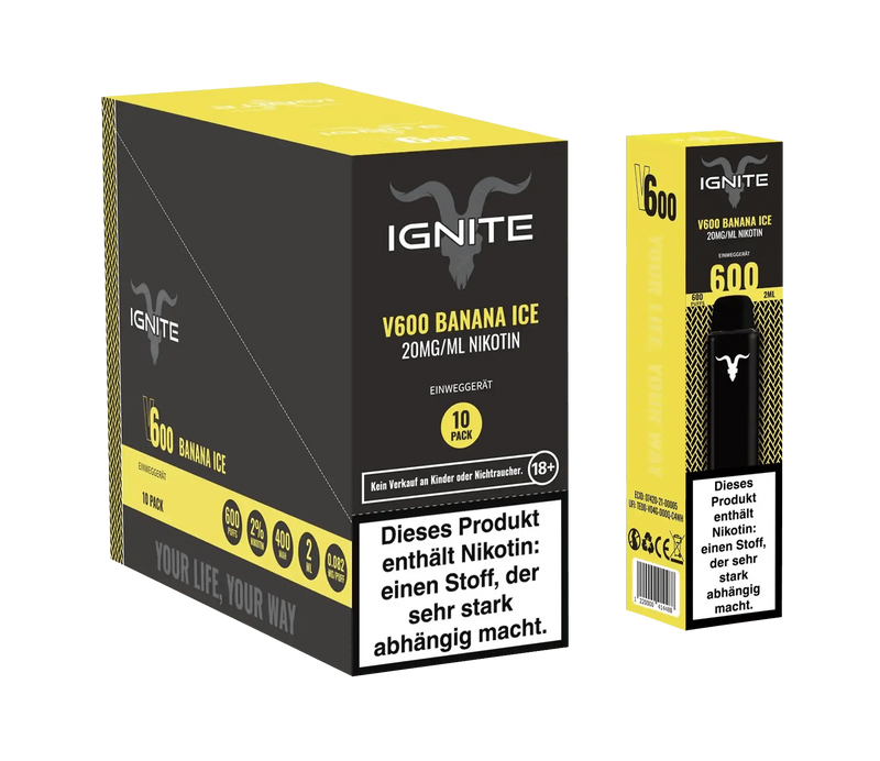 IGNITE V600 Banana Ice Einweg-E-Zigarette 20mg Nikotin, 600 Puffs, 10er Pack