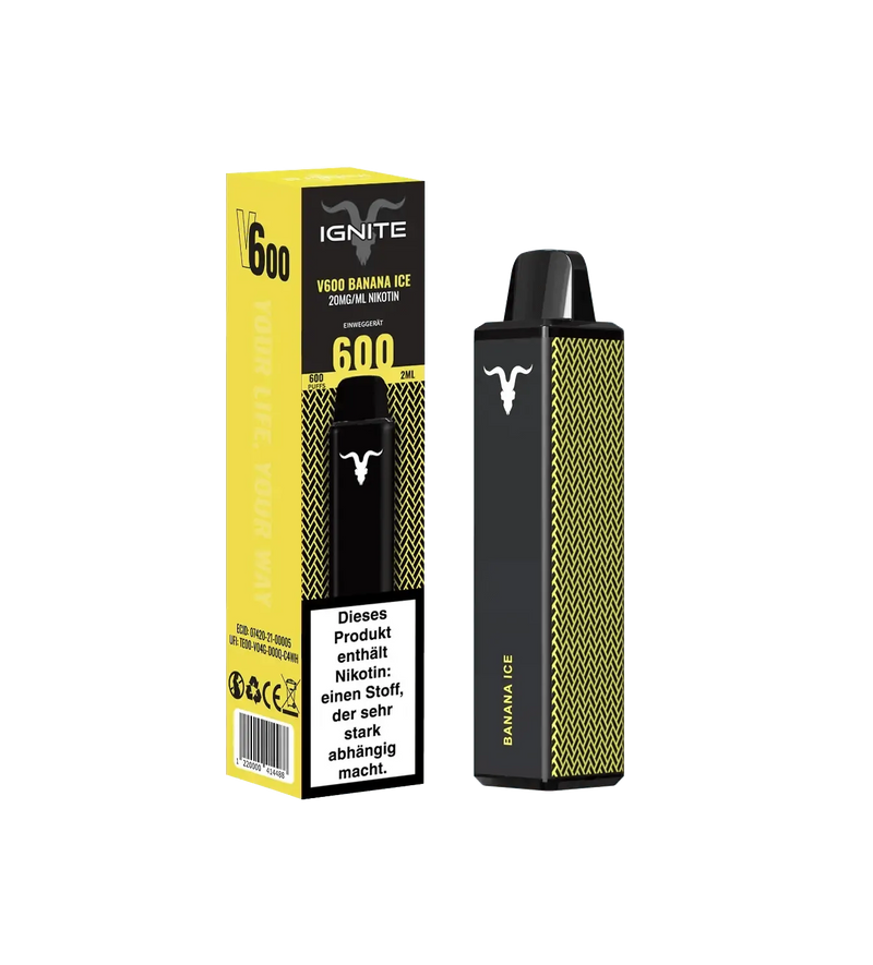 Ignite V600 Banana Ice Einweg E-Zigarette mit 20mg/ml Nikotin, 600 Züge, gelb-schwarze Verpackung