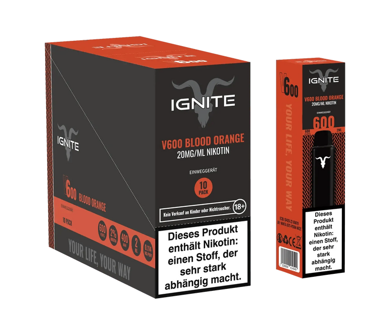 Ignite V600 Blood Orange Einweg-E-Zigarette 20mg/ml Nikotin mit 600 Zügen, 10er Pack