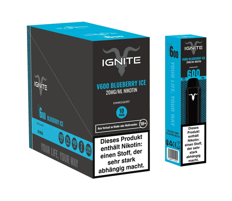Ignite V600 Blueberry Ice Einweg-E-Zigarette mit 20mg Nikotin, 600 Züge, 10er Packung