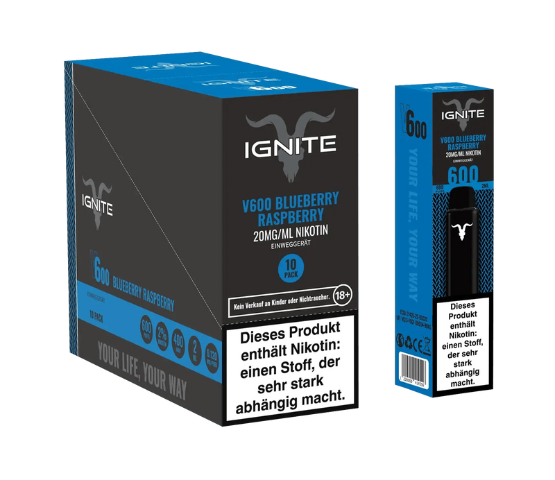 Ignite V600 Blueberry Raspberry Einweg-E-Zigarette mit 20mg/ml Nikotin, 10er Pack, schwarze Verpackung