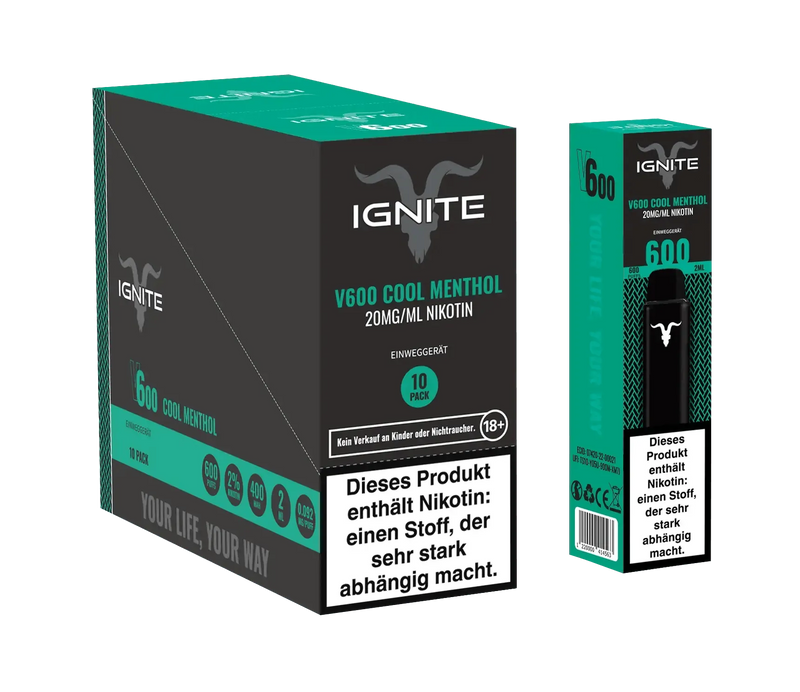 IGNITE V600 Cool Menthol Einweggerät mit 20mg/ml Nikotin, 600 Züge, 10er Packung