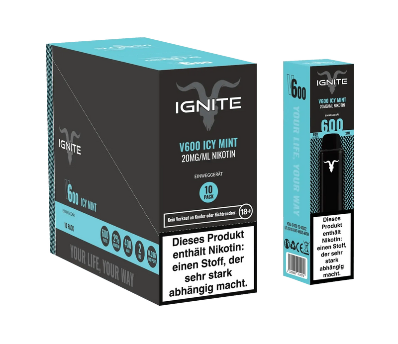 Ignite V600 Icy Mint Einweg-E-Zigarette mit 20mg/ml Nikotin, 600 Züge, 10er Pack, schwarzes Design