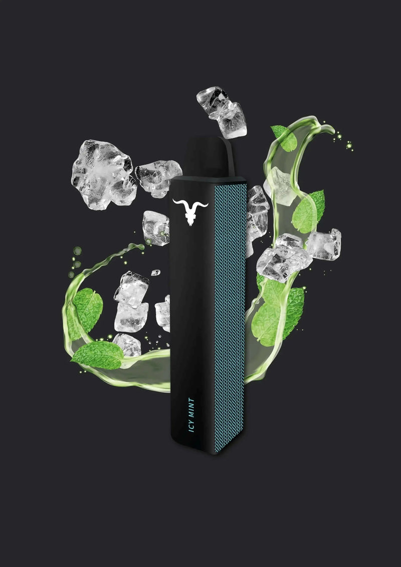 Schwarzes Vape-Gerät mit Eiskristallen, Minzblättern und Text Icy Mint auf dunklem Hintergrund