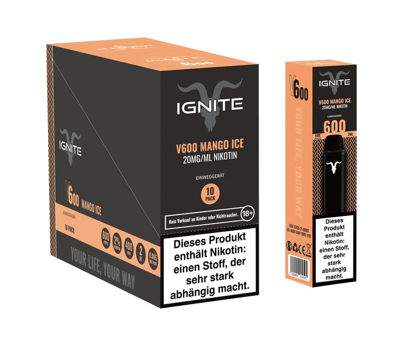 Ignite V600 Mango Ice Nikotin-Einweggerät im 10er Pack mit 20mg/ml Nikotin, 600 Puffs
