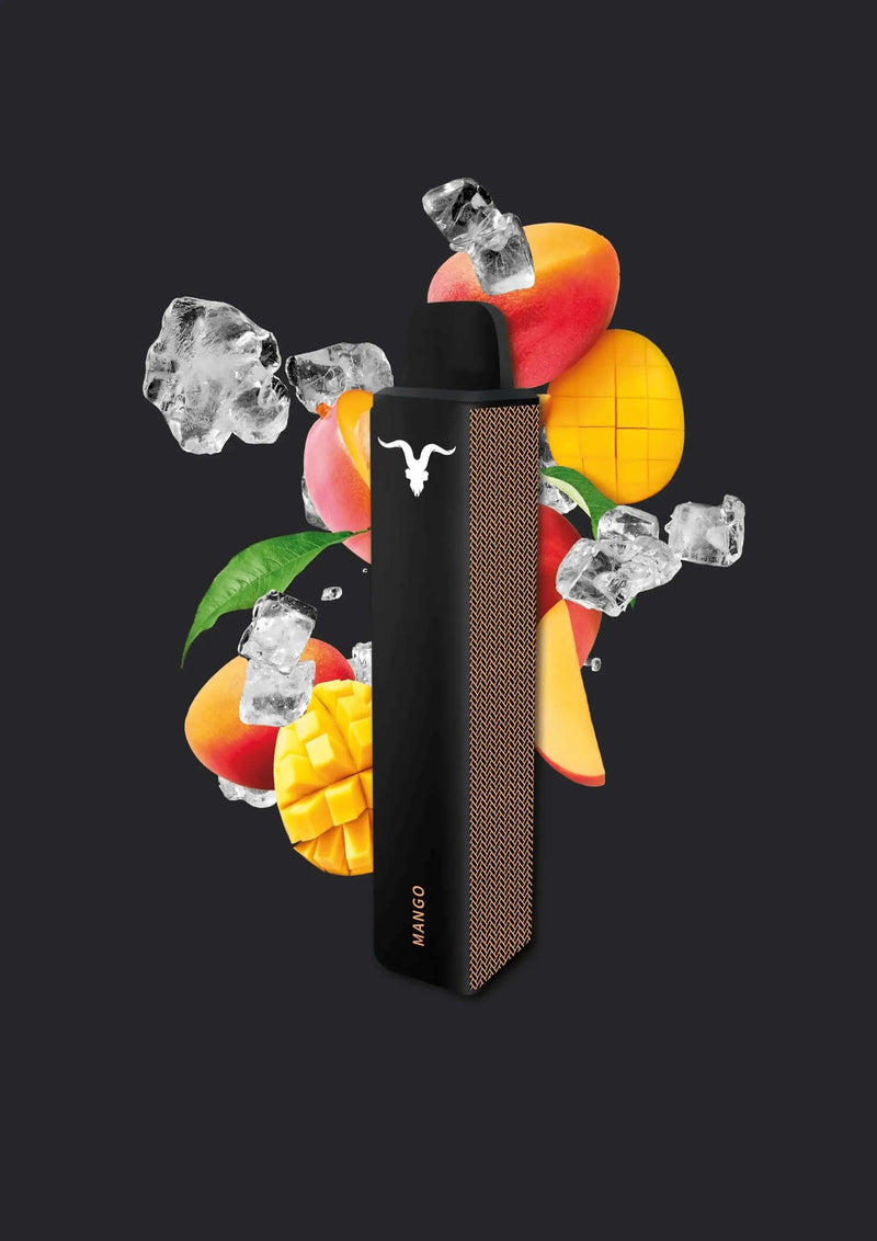 Schwarzes Mango-Eis-Vape-Gerät mit Frucht- und Eiskristallen auf dunklem Hintergrund