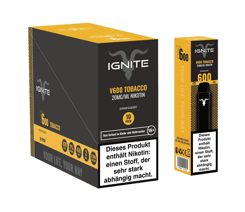 Ignite V600 Tobacco 20mg/ml Nikotin Einweggerät 10er Pack mit Warnhinweis auf stark abhängig machendes Nikotin