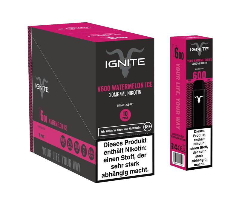 Ignite V600 Watermelon Ice Einweg-E-Zigarette mit 20mg/ml Nikotin, 600 Züge, Wassermelone-Aroma