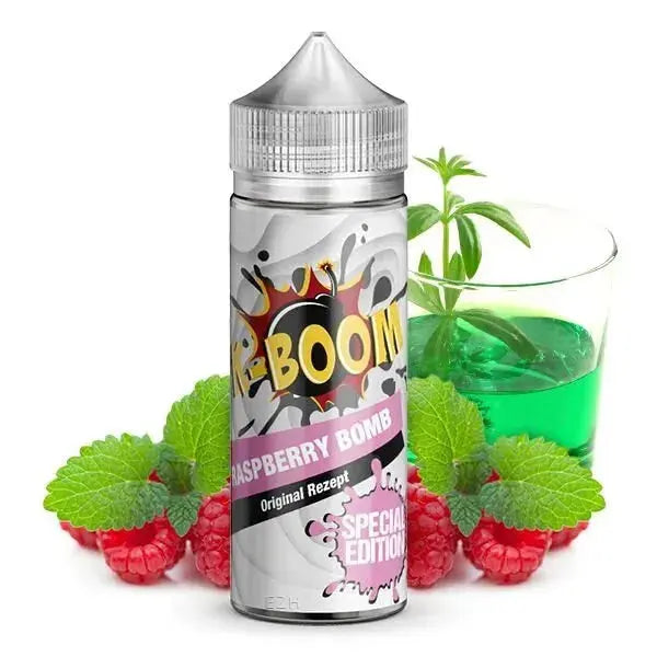 K-BOOM Raspberry Bomb 10ml Flasche mit Himbeeren, Minzblättern und grünem Getränk