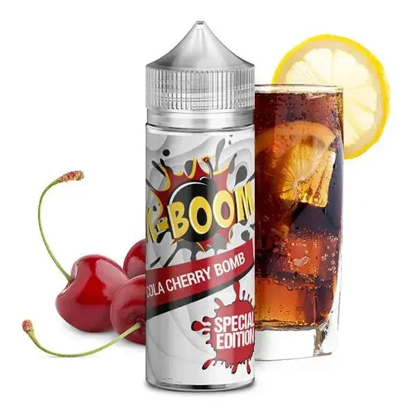 K-Boom Cola Cherry Bomb Aroma Liquid Flasche mit Kirschen und Cola-Glas mit Zitrone