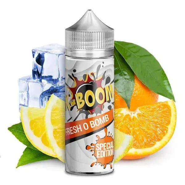 K-Boom Fresh O Bomb E-Liquid Flasche vor Orangen, Zitronen und Eiswürfeln, Special Edition