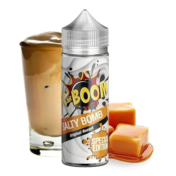 K-BOOM Salty Bomb Special Edition E-Liquid mit Toffees und Cappuccino im Glas