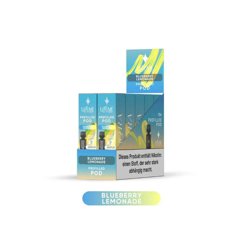 LaFumé Blueberry Lemonade vorgefüllte Pods im Display mit Nikotinwarnung