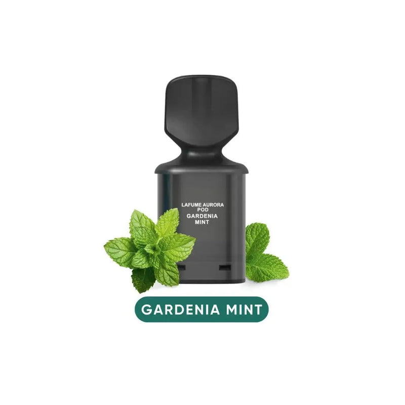 Schwarze LaFume Aurora Pod mit Gardenia Mint Aroma-Label und frischen Minzblättern auf weißem Hintergrund
