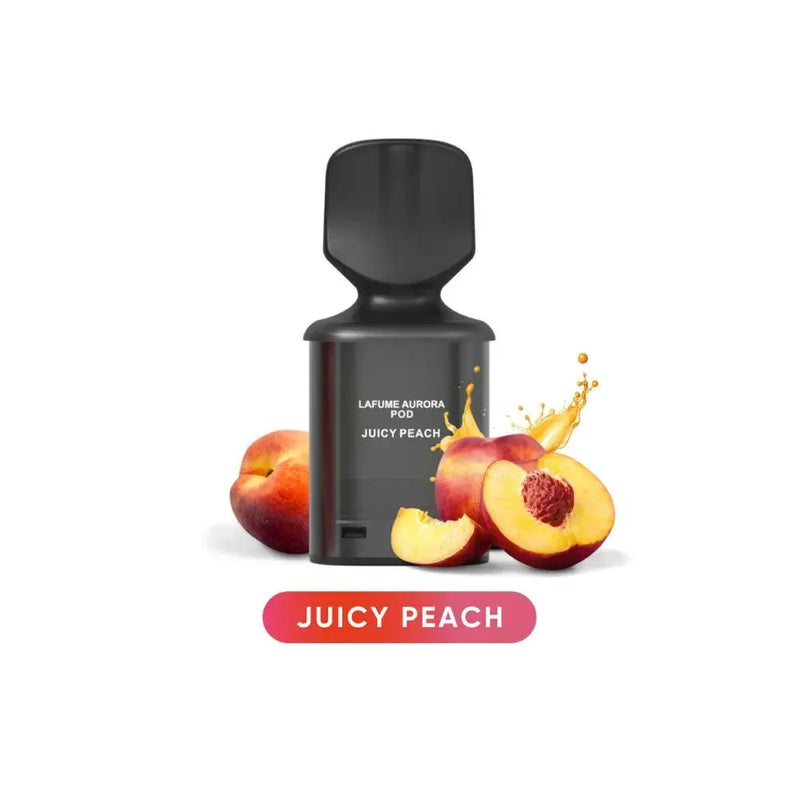 Schwarzer LaFume Aurora Pod mit saftigen Pfirsichen und Saftspritzern, Juicy Peach Geschmack