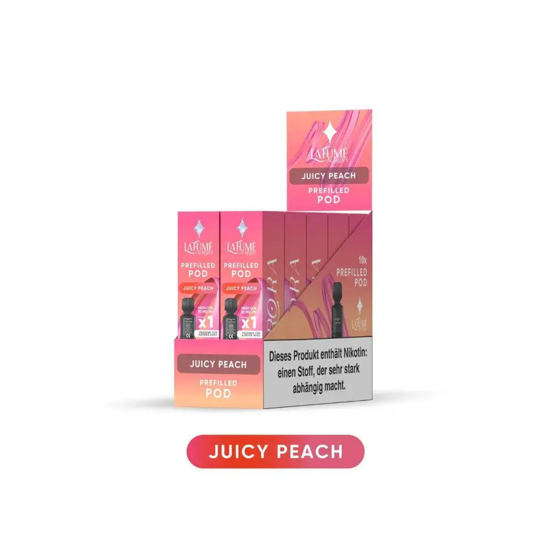 Lafume Aurora Juicy Peach vorgefüllte Pods Display mit Warnhinweis auf Nikotinabhängigkeit