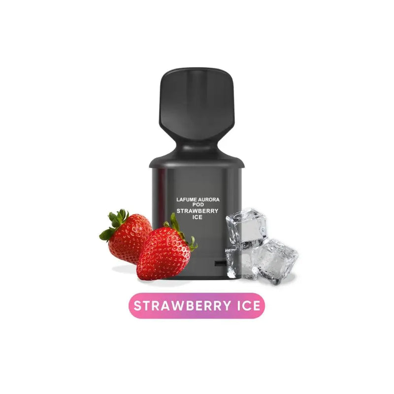 Schwarze LaFume Aurora Pod Strawberry Ice mit Erdbeeren und Eiswürfeln auf weißem Hintergrund