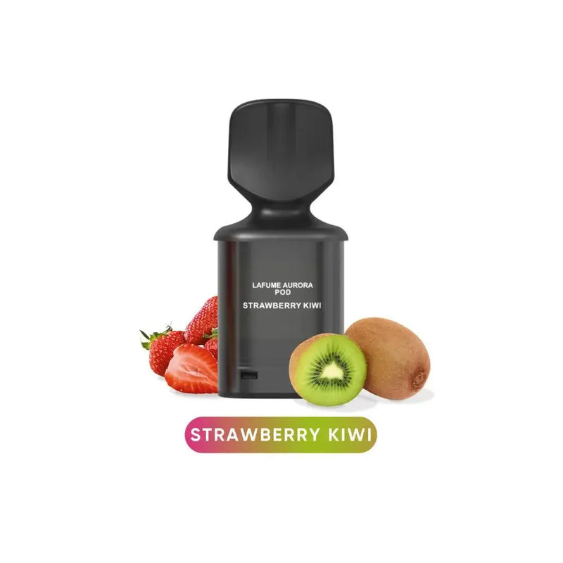 LaFume Aurora Pod Strawberry Kiwi mit frischen Erdbeeren und Kiwi vor weißem Hintergrund