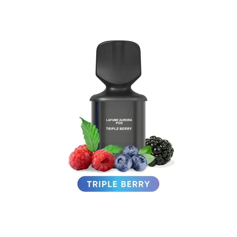 Schwarze LaFume Aurora Pod Triple Berry mit Himbeeren, Blaubeeren und Brombeeren vor weißem Hintergrund