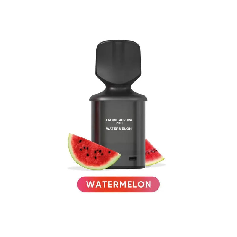 Schwarze Lafume Aurora Pod E-Zigarette mit Wassermelonen-Geschmack und zwei Wassermelonenstücken