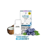 LaFume Cuatro Coconut Blueberry vor Verpackung mit frischer Kokosnuss und Blaubeeren