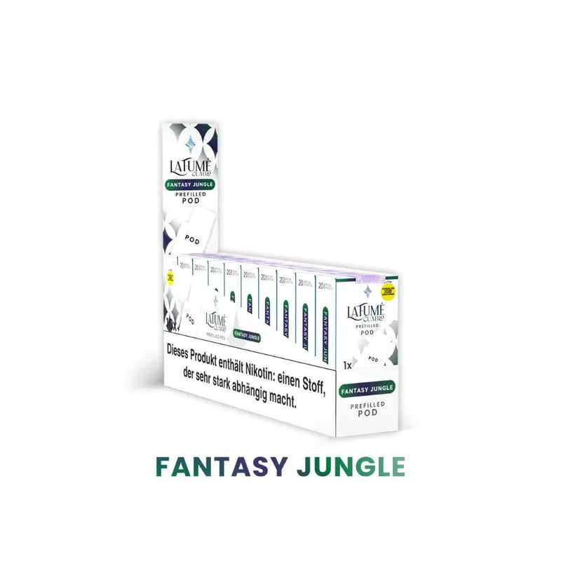 La Fume Cuatro Fantasy Jungle vorgefüllte Pod-Verpackung mit Nikotinwarnung auf weißem Hintergrund