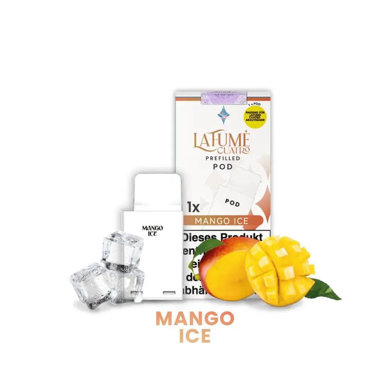 Lafume Cuatro Mango Ice vorgeladene Pod mit Eiswürfeln und frischer Mango