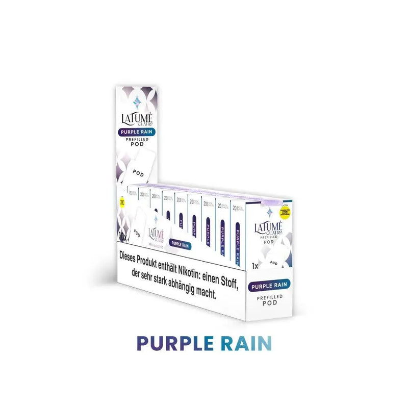 LaFumé Cuatro Purple Rain vorgefüllte Pods mit Nikotinhinweis auf Produktverpackung