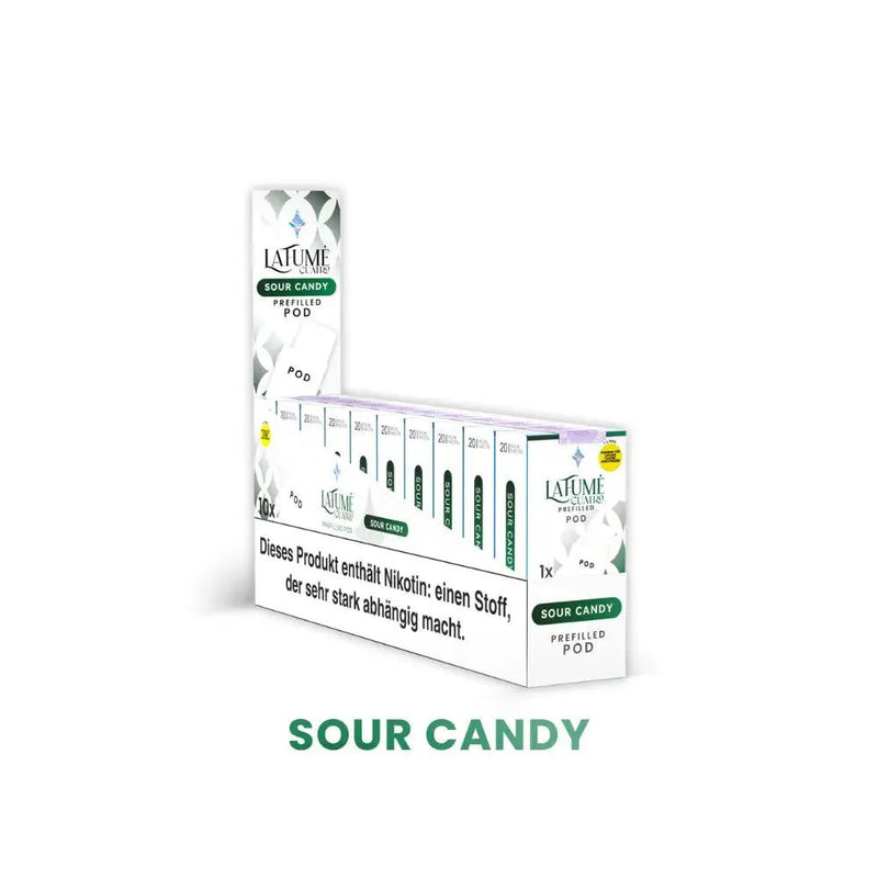 La Tumé Cuatro vorgefüllte Pods mit Geschmack Sour Candy, Nikotinwarnung auf Verpackung