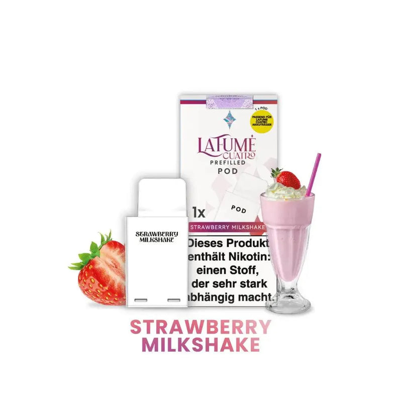 LaFume Cuatro Strawberry Milkshake Pod mit Verpackung, Erdbeeren und Milchshakeglas