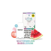 LaFume Cuatro Watermelon Bubblegum vor Verpackung mit Melonenscheiben und Farbkugeln