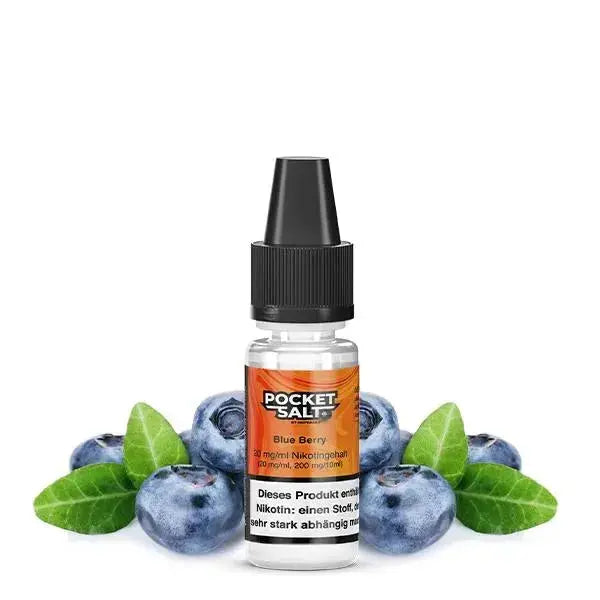 Pocket Salt Blue Berry Nikotinsalz Liquid Flasche mit frischen Blaubeeren und grünen Blättern