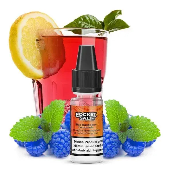 Pocket Salt Blue Raspberry Lemonade Nikotinsalz Liquid mit Himbeeren, Zitronenscheibe und Minzblättern