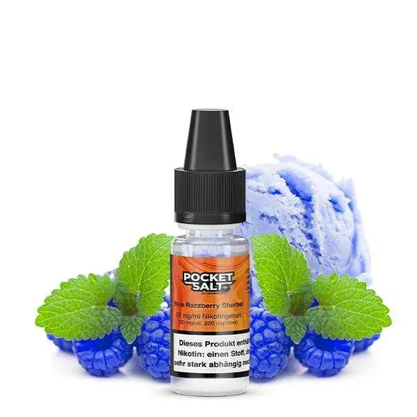 Pocket Salts Nikotinsalz Liquid Blue Razzberry Sherbet mit Himbeeren, Minzblättern und Eiscreme