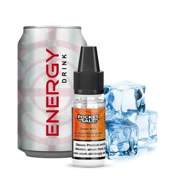 Energy-Drink Dose, Pocket Salts Green NRJ Nikotinsalz Liquid Fläschchen und Eiswürfel