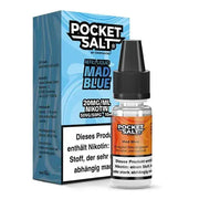 Pocket Salt Mad Blue Nikotinsalz Liquid 20mg/ml mit auffälliger blauer und oranger Verpackung
