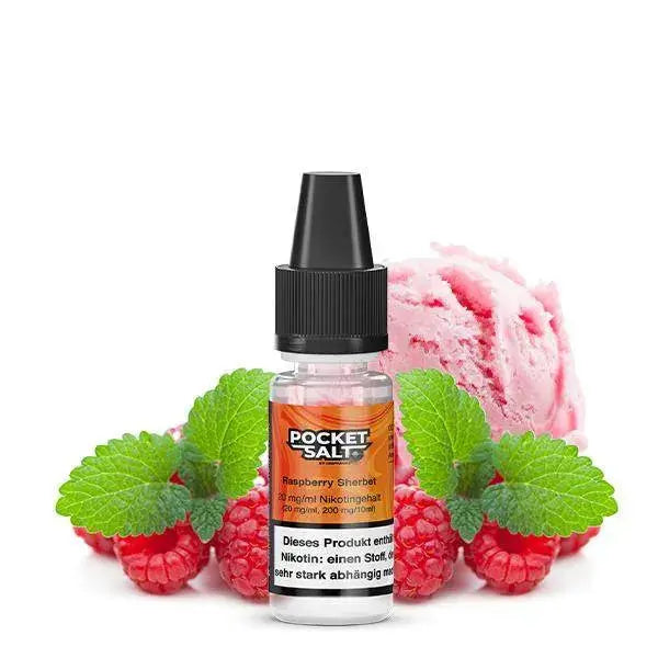 Pocket Salt Nikotinsalz Liquid Raspberry Sherbet mit Himbeeren, Minzblättern und rosa Eiscreme