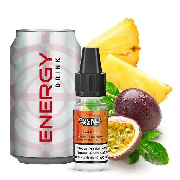 Energy Drink Dose mit Pocket Salts Red NRJ Nikotinsalz Liquid und tropischen Früchten wie Ananas und Passionsfrucht
