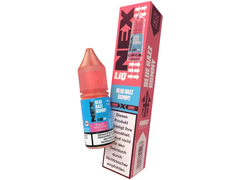 Pod Salt NEXLIQ Blue Razz Gummy 0mg Liquid mit Warnhinweis auf deutscher Verpackung