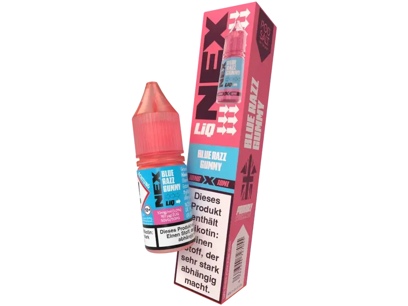 Pod Salt NexLiq Blue Razz Gummy Nikotinsalz E-Liquid 10mg ml Flasche und Verpackung