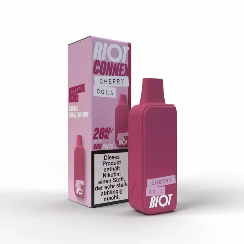 Riot Connex vorgefüllte Pods Cherry Cola, 20 mg/ml Nikotin, pink, Produktverpackung mit Warnhinweis